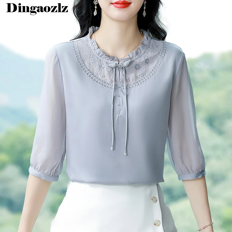 

New Korean fashion Women Chiffon Shirt 3/4 Sleeve Lace Tops Spring Summer Ruffles Collar OL Pullovers Blouse