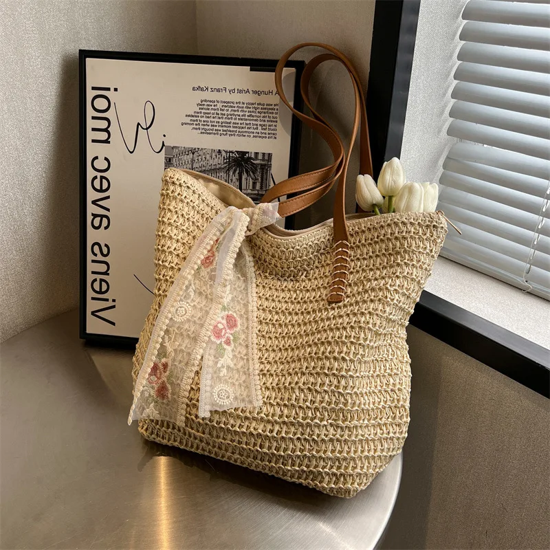 Vintage Women Woven Shoulder Bag Solid Color Lace Ribbon Tote Handbags Wicker Boho Straw Bag for Beach Handle Beige Bag