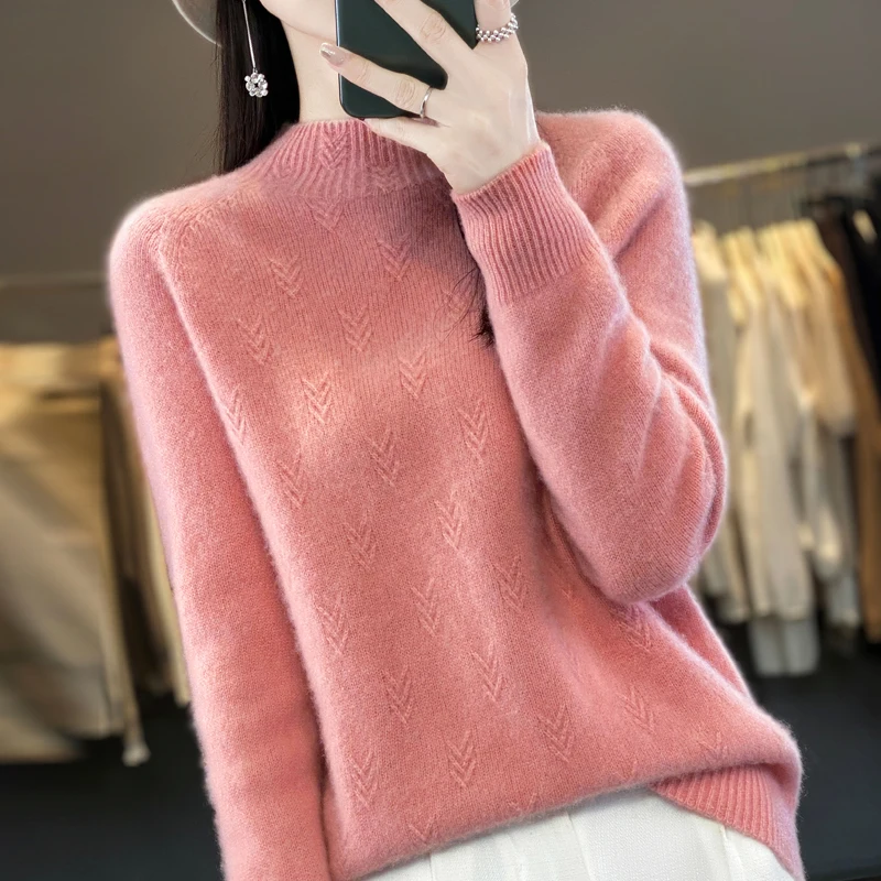 

Women Pullover Knitwear 100% Merino Wool Sweater Mock Neck Autumn Winter Clothes Female High Quality Elegant Soft Thick Tops