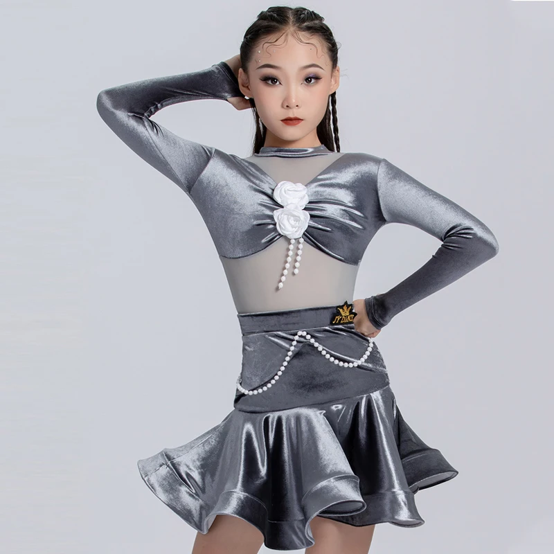 어린이 볼룸 댄스 전문 의류, 소녀 벨벳 라틴 댄스 드레스, 어린이 볼룸 댄스 코스튬 무대 착용, SL11835