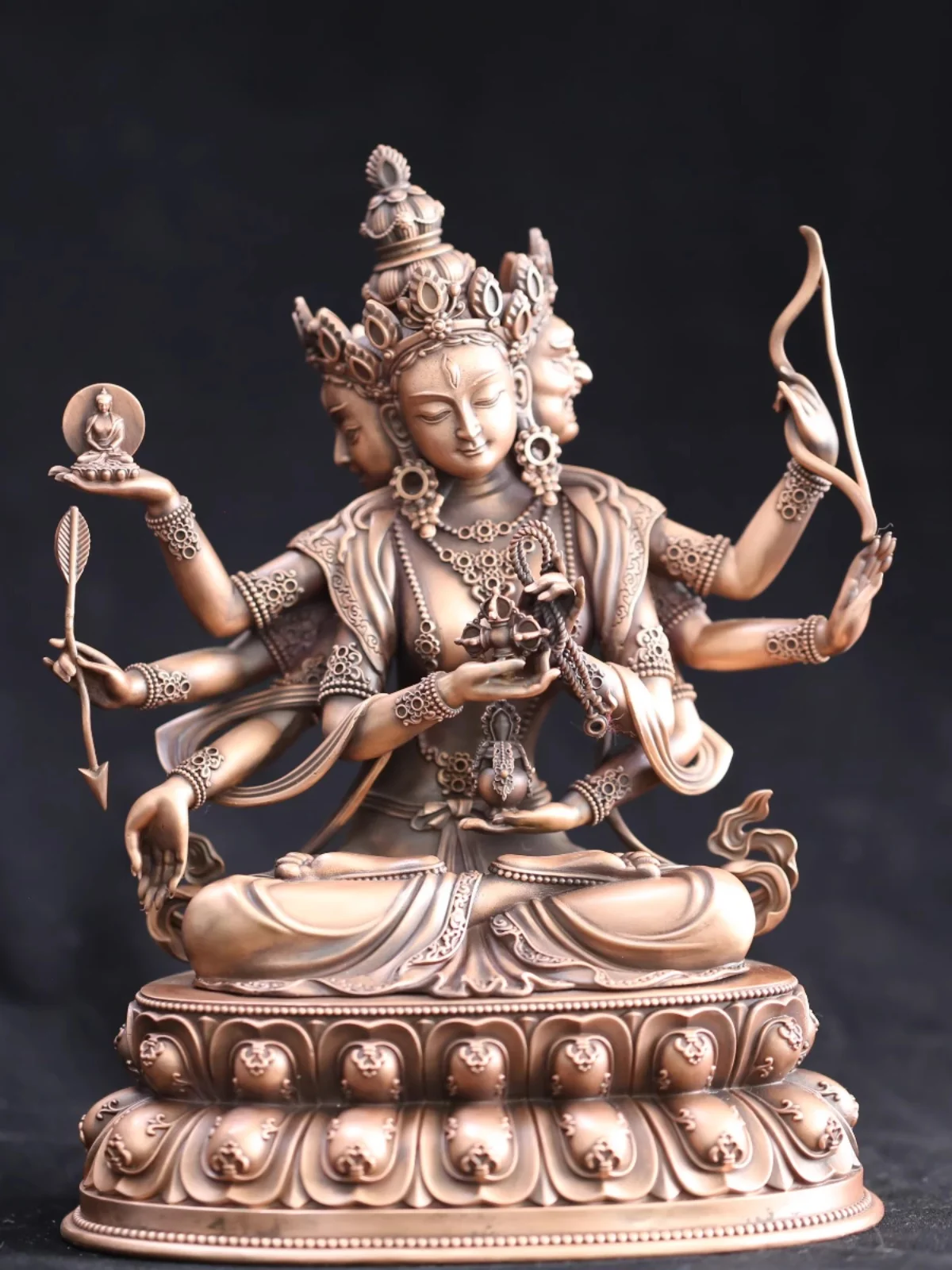 Tibetan red copper Zunsheng Buddha Mother 7-inch Buddha statue with three sides and eight arms to save suffering Bodhisattva hom