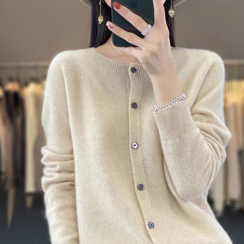 New Fashion Spring 100%Pure Merino Wool Women\'s O-neck Cardigan Cashmere Sweater Female Clothing Grace Knitwear Lady Korean Tops