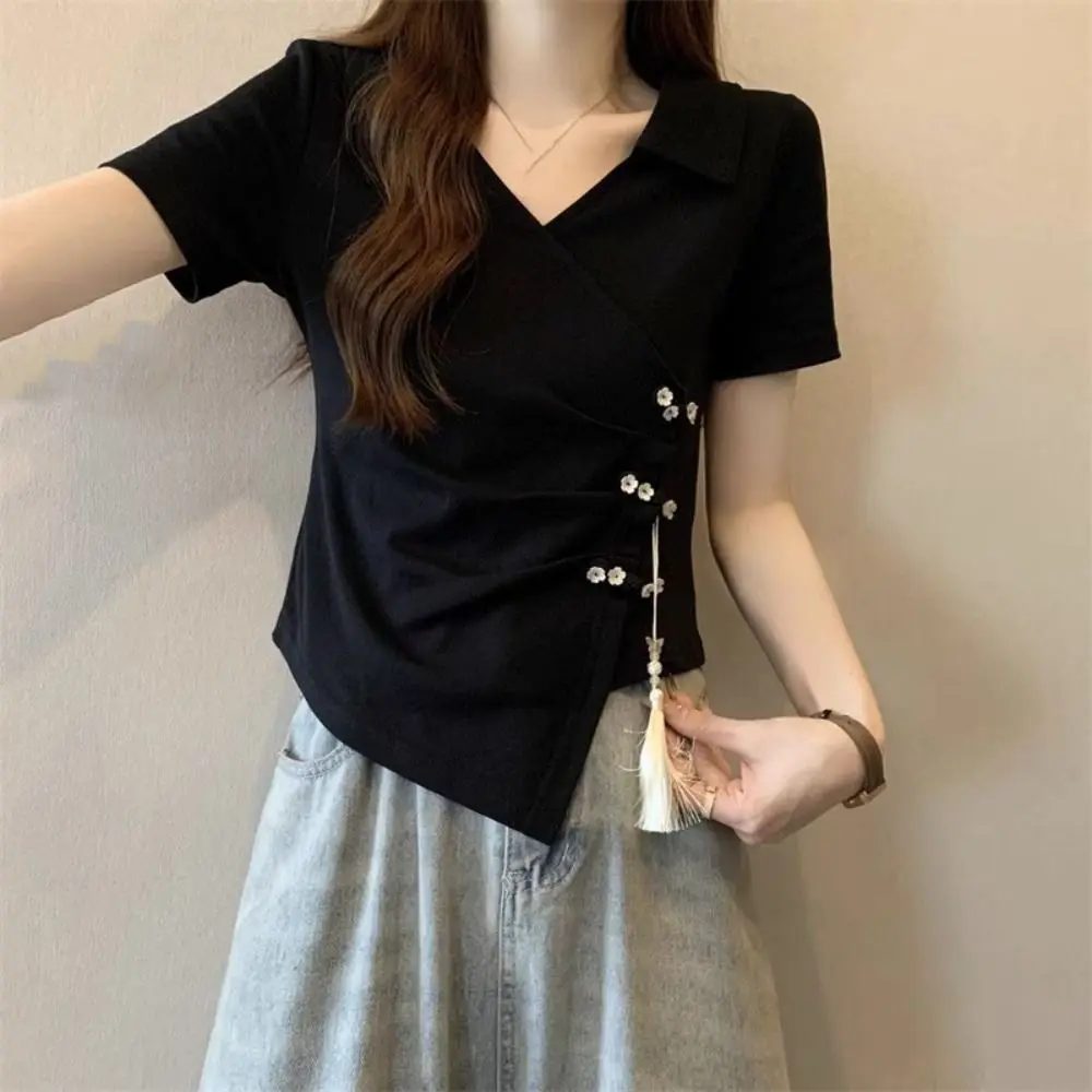 

Tassel Pendant Irregular V-neck T-shirt Lapel Flower Button Women's Slim Crop Tops Chinese Style Streetwear