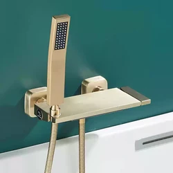Brushed Gold Waterfall Bathtub Shower Faucet Set Bathroom Bathtub Mixer Taps Hot and Cold Shower Faucet Wall Mounted Bathtub Tap