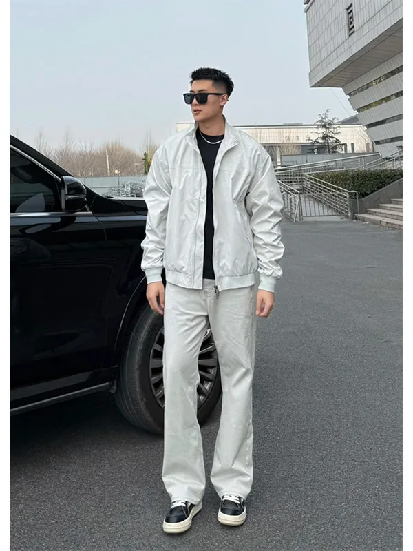 

White Straight Leg Stretchy Jeans Men's High Street Style Summer Jeans mid High Waist Zipper Closure Standard Fit Jeans