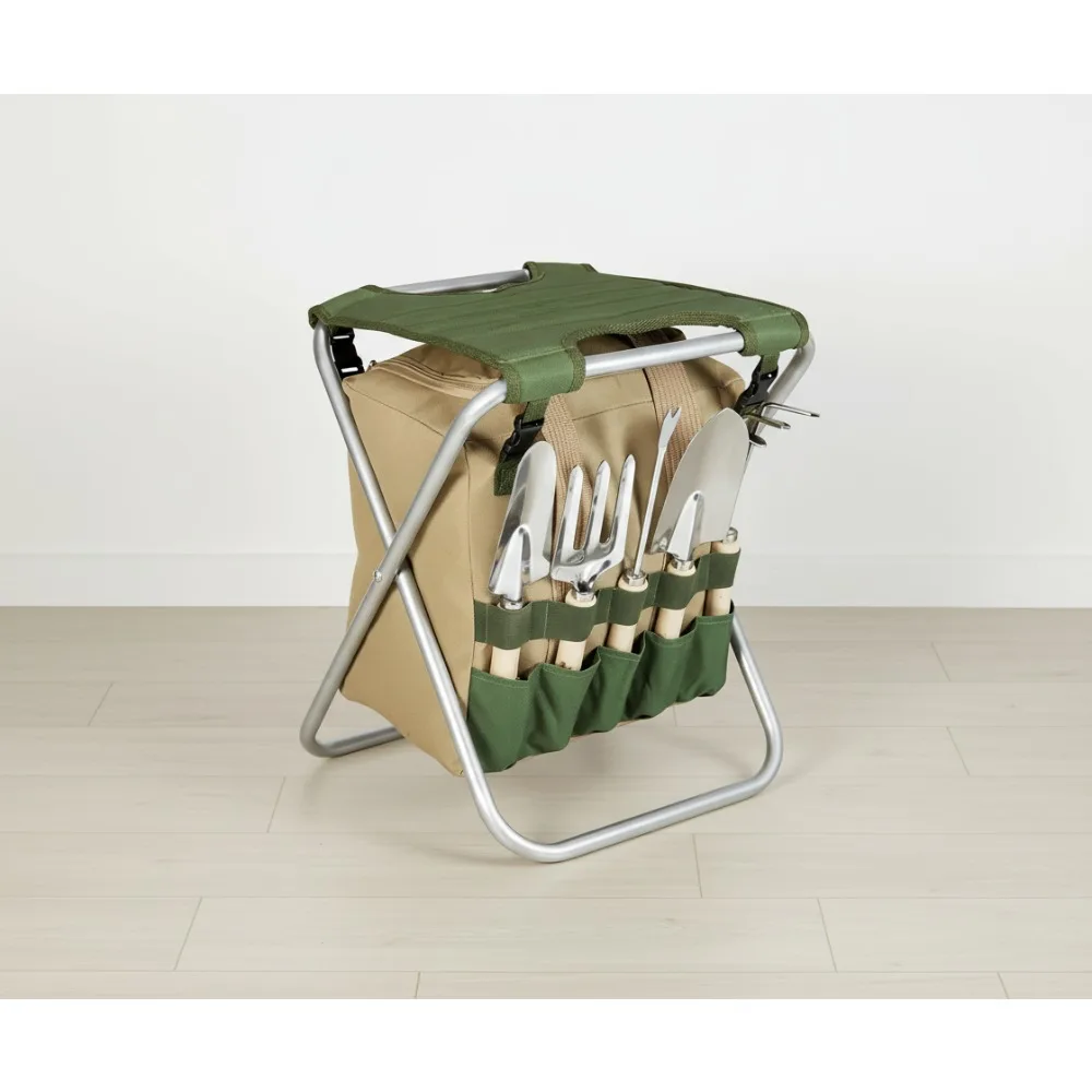 مقعد حديقة قابل للطي مع حقيبة أدوات قابلة للفصل ومجموعة بستنة مكونة من 5 قطع - منظم مقعد خارجي محمول (أخضر زيتوني) #1