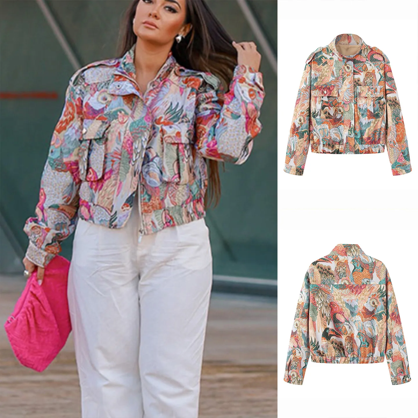 

Новое осеннее женское повседневное длинное пальто с воротником-стойкой и воротником-стойкой, украшенное молнией и принтом пико, свободный крой из полиэстера...