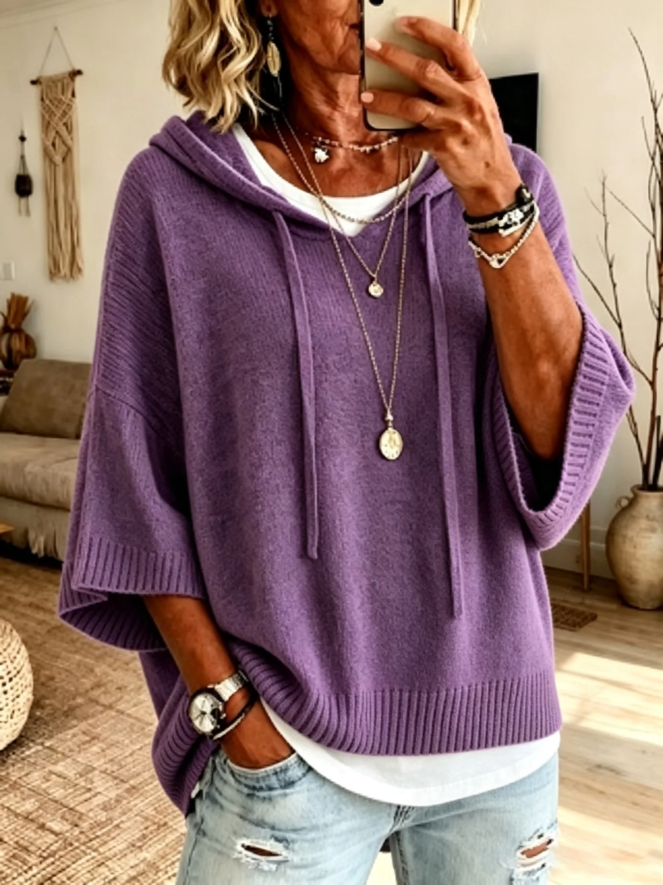 New Knit Hooded Drawstring Sweater, Knit Outerwear for Women on Independent Standalone Site