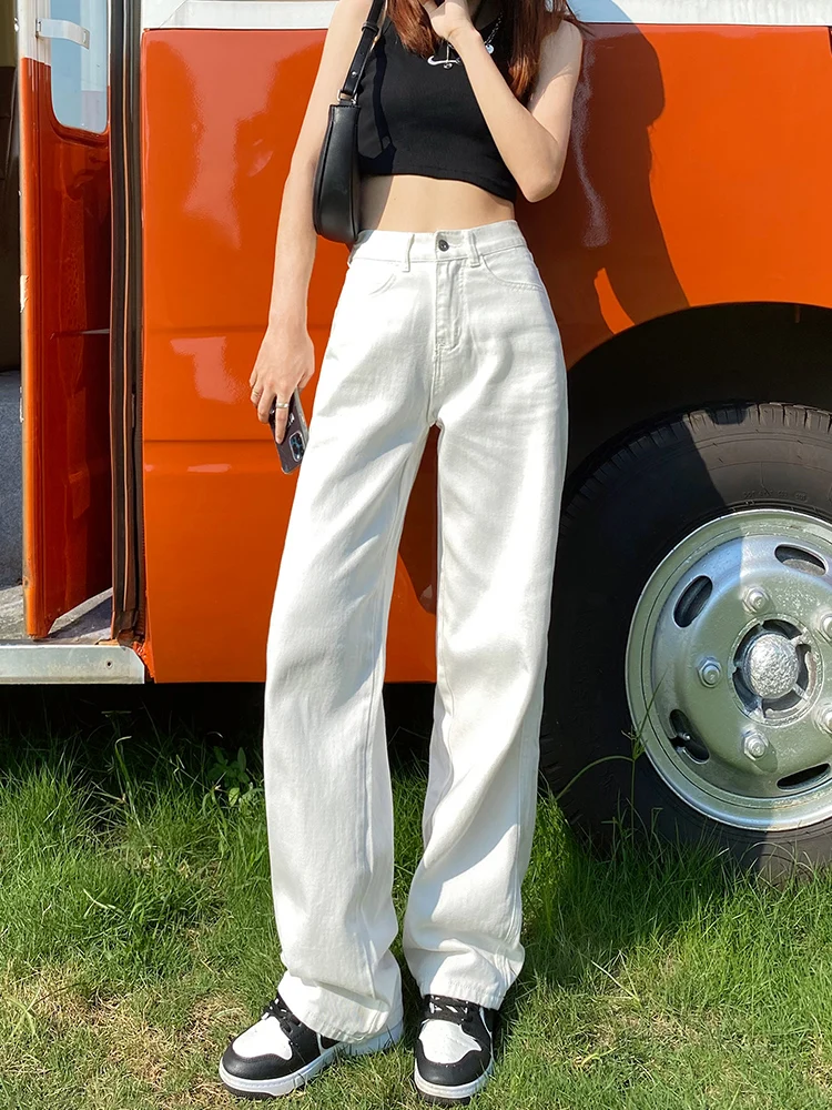 High Waist Wide Leg Denim Jeans Women's White Loose Fitting Straight Cut Floor Length Trousers Spring Season Casual Style