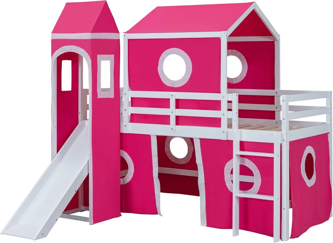 Letto a soppalco rosa per bambini, struttura in legno massello con scivolo, tenda e torre, include scala e guide di sicurezza, perfetto