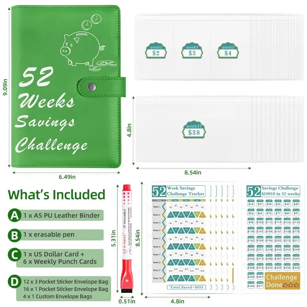 52 Weeks Envelope Challenge Binder Waterproof Colorful Money Saving Challenge Loose Leaf PU Leather Savings Tracking Sheets