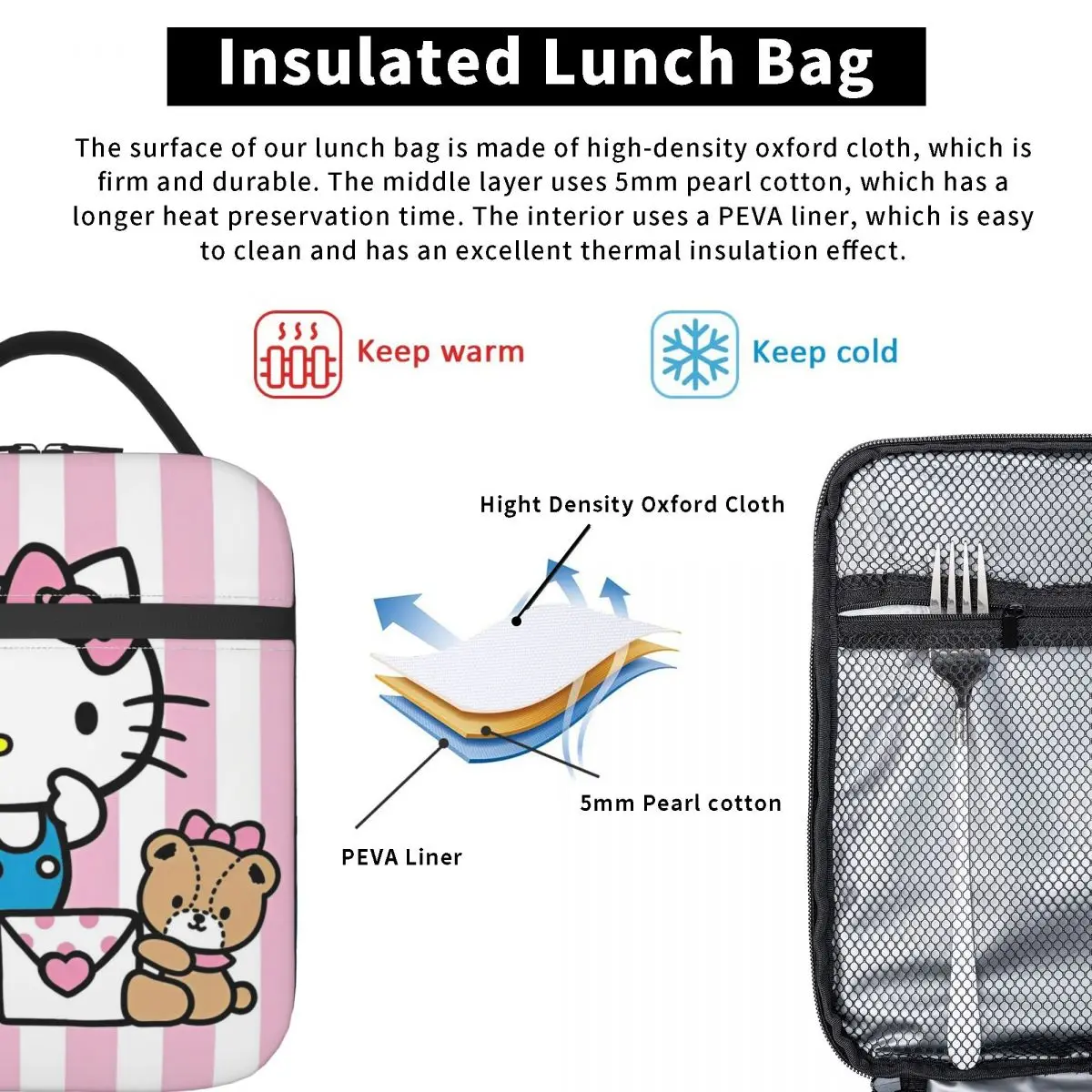 Hello Kitty Received Letter Insulated Lunch Bags High Capacity Lunch Container Thermal Bag Tote Lunch Box Beach Travel Men Women