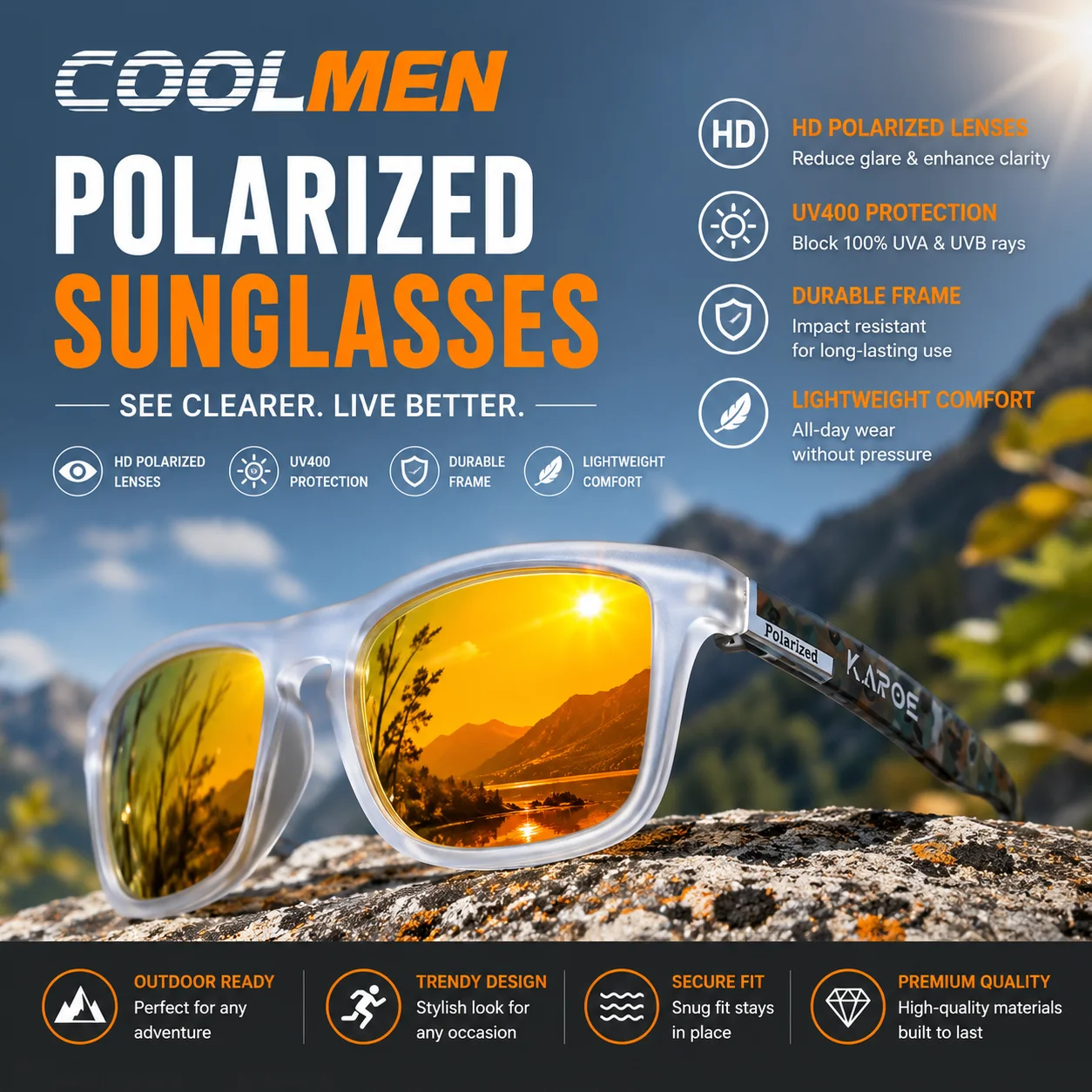 

COOLMEN Polarized Sunglasses Men/Women Anti-Glare Durable Lightweight Outdoor Sports Cycling Fishing Hiking Camping Driving Gear