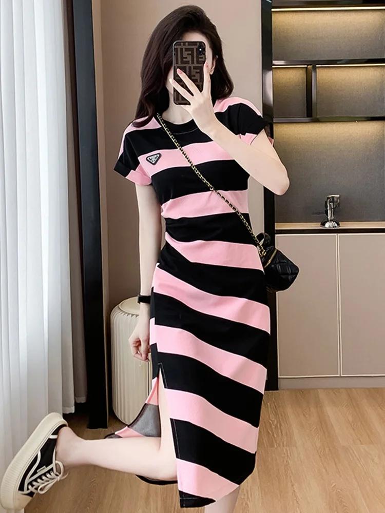 Minceur plissé Midi Dr T-shirt d'été à fines rayures pour femmes Dr Faionable Casual A-Line Silhouette ronde Ne ort Sl...