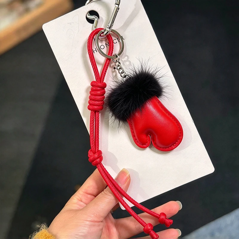 Women's Creative Plush Gloves Keychain PU Leather Bag Pendant Versatile Backpack Hanging Decoration Simulation Soft Toy Accessor