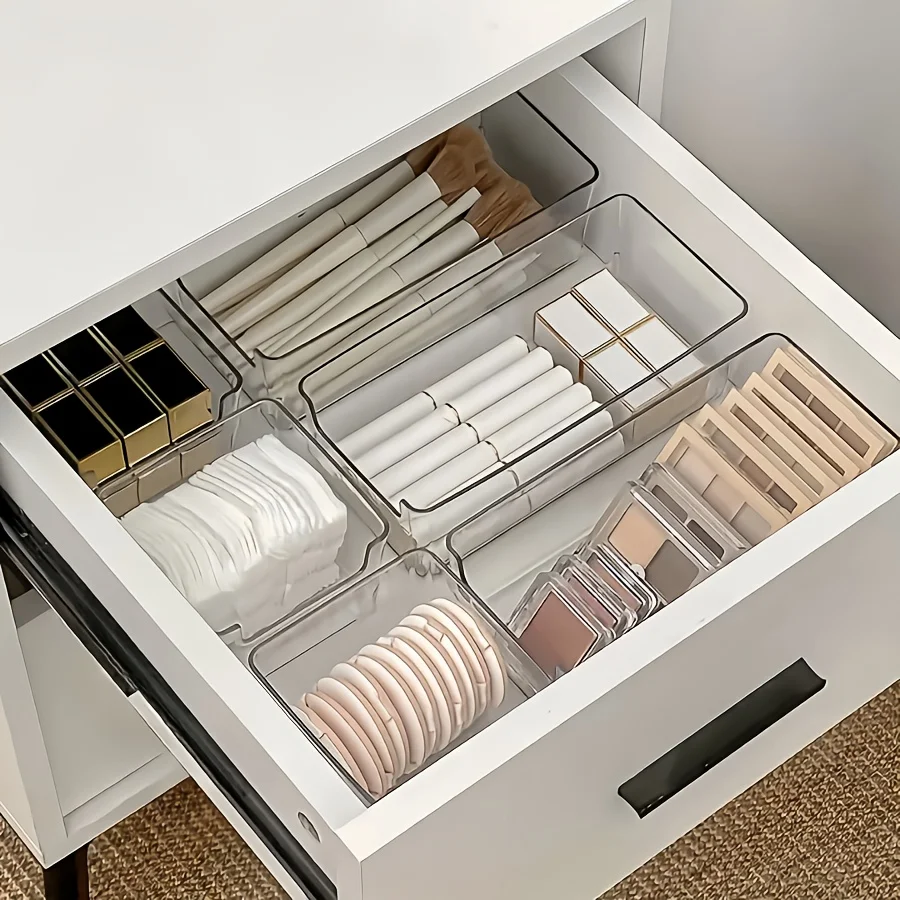 11-Piece Set of Connectable Transparent Drawer Storage Boxes, Beauty Storage Rack, Multi-Specification Cosmetic Storage Trays, Waterproof Bathroom Accessories, Suitable for Organizing Lipstick, Stationery, Jewelry, and Skincare Products in Dressing Tables, Desks, and Bathroom Countertops