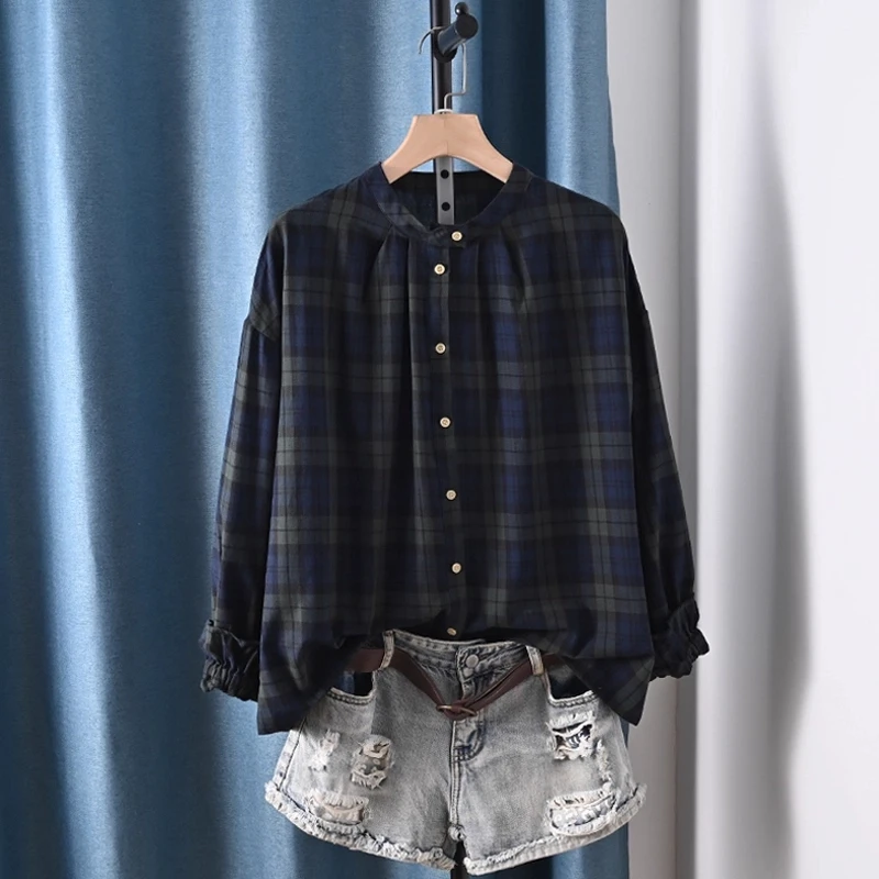 

100% Cotton autumn women's long sleeve top Japanese style vintage stand collar dark green plaid shirts and blouses for women