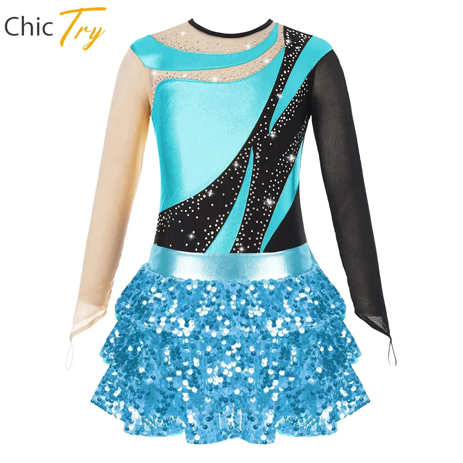 

Girls Gymnastics Figure Skating Ballet Dance Outfits Stage Show Performance Set Long Sleeve Leotard+Sequins Skirted Shorts Sets