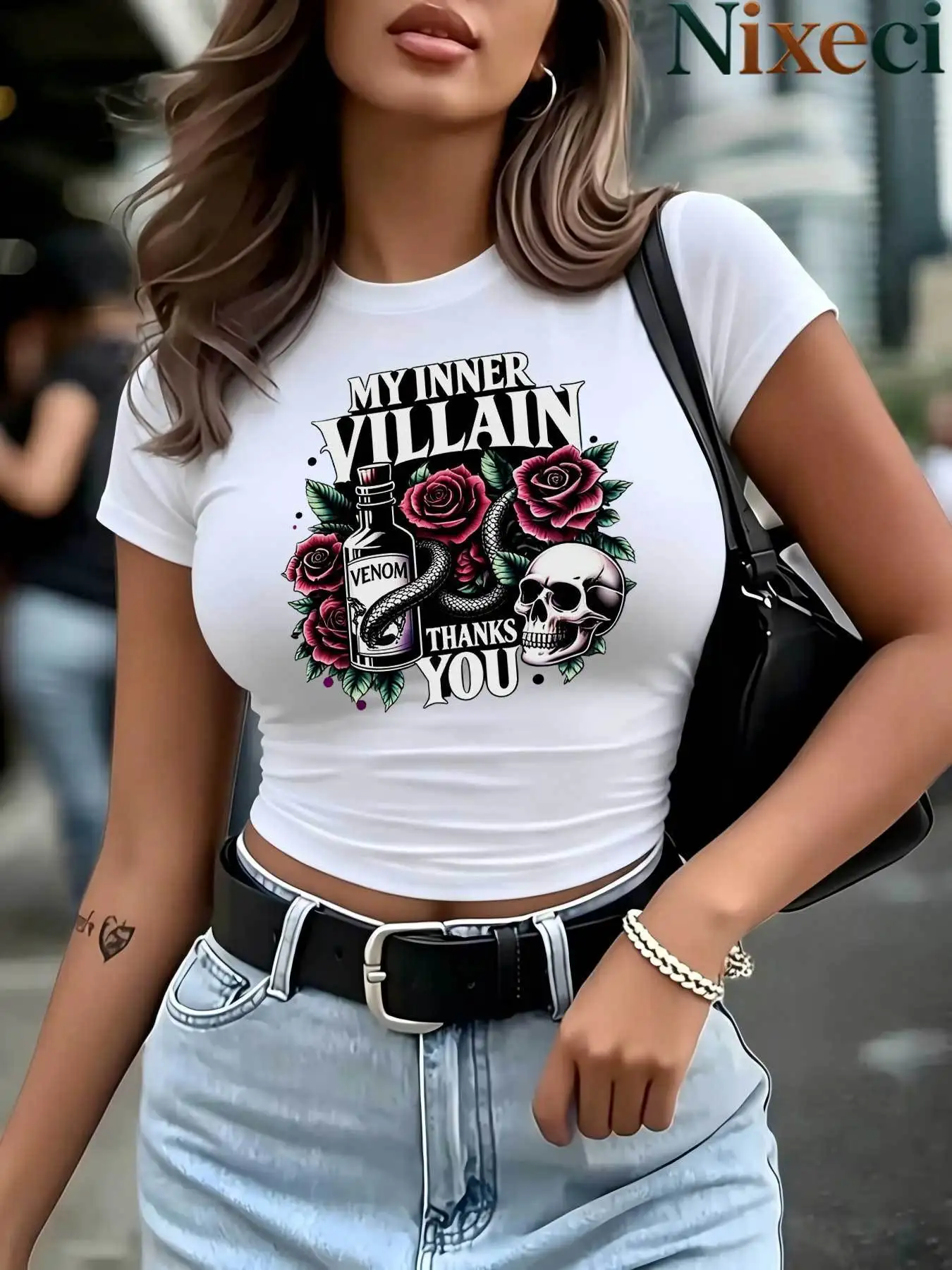 Women's Short Sleeve Graphic Cropped T-shirt My Inner Villain Venom Skull Rose Snake Thanks You Print Sexy Crop Tops Clothes Y2k