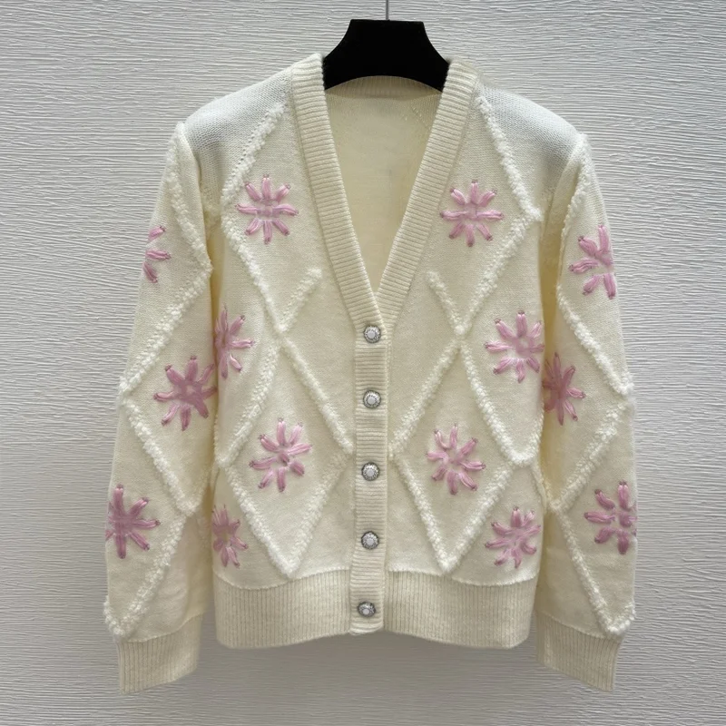 

Высококачественный трехмерный ромбовидный женский вязаный кардиган с v-образным вырезом и цветочной вышивкой, роскошный свитер 251028196