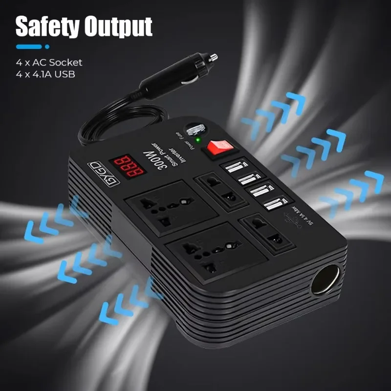 300W Car Battery Power Inverter 4 AC Sockets 4 USB Ports ON/OFF Switch DC 12V to AC 220V Converter Car Power Adapter