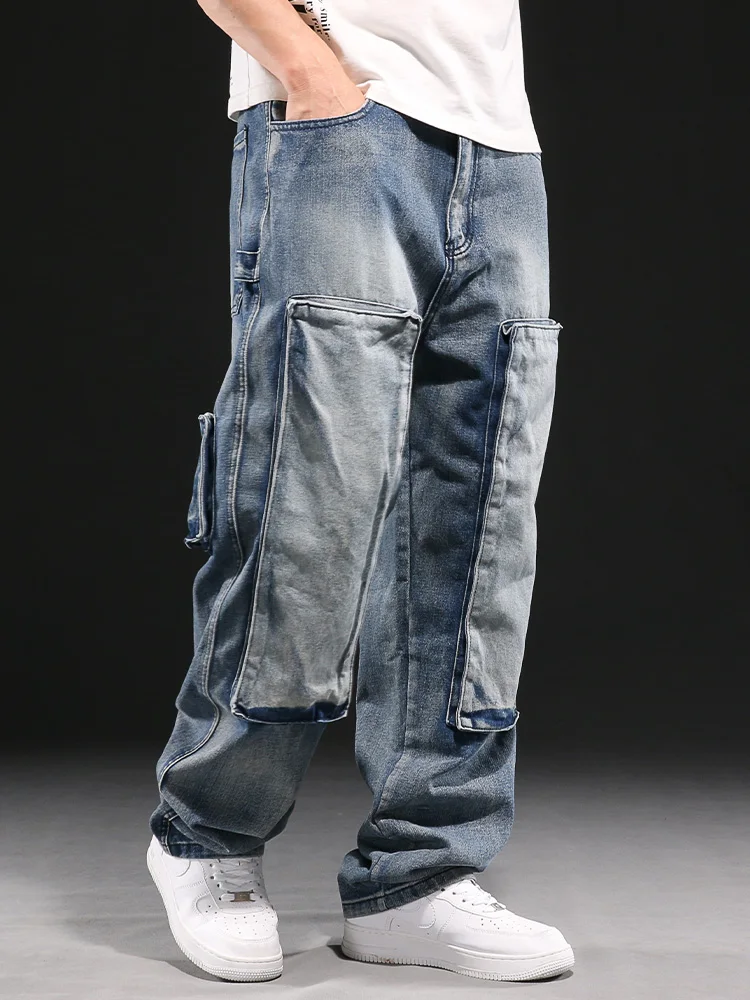 

Washed heavy-duty jeans men's trendy multi pocket splicing style floor pants loose motorcycle oversized jeans
