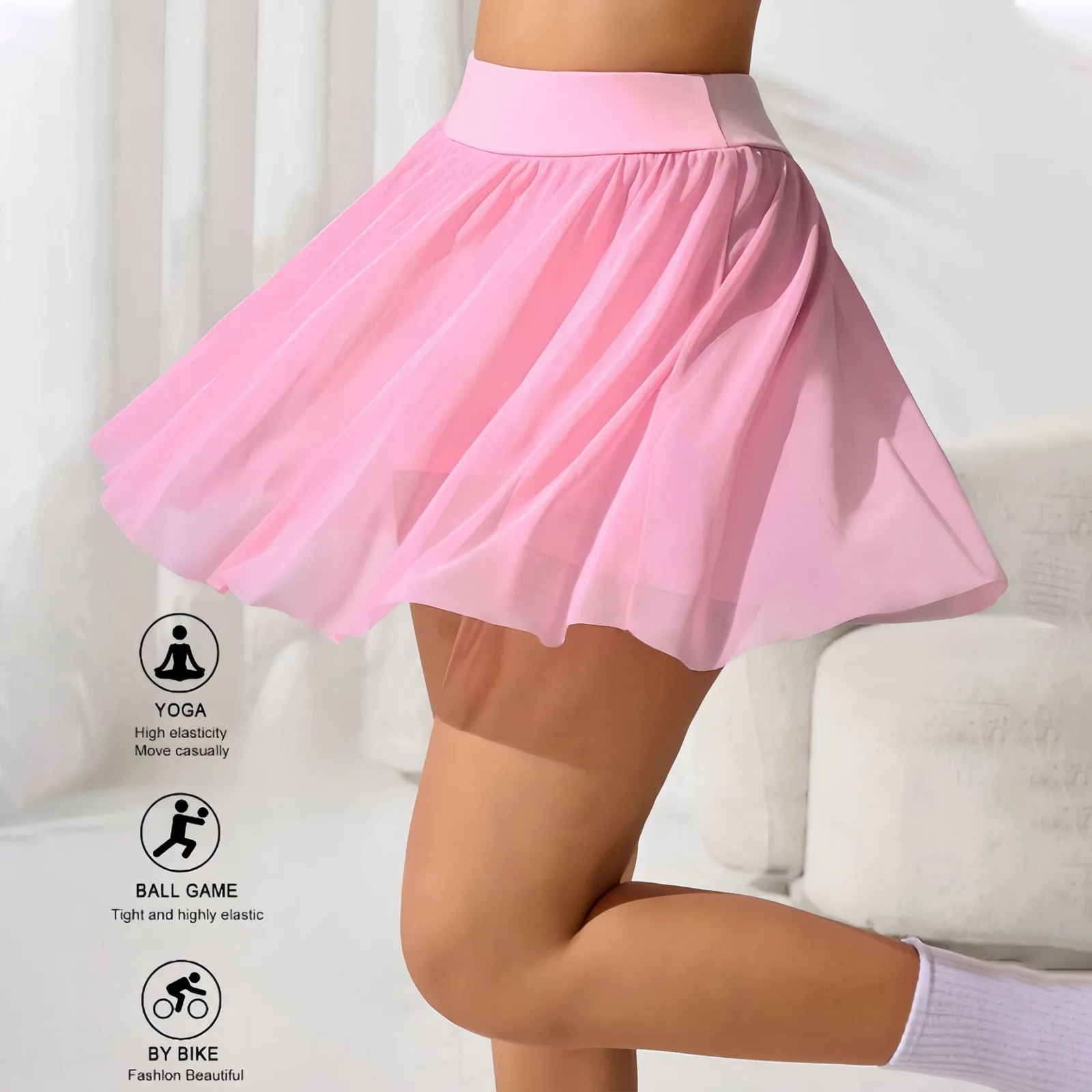 Women Sports Tennis Ruffled Skirt High Waist Elastic Waistband Solid Color Yoga Skirt with Built-in Shorts