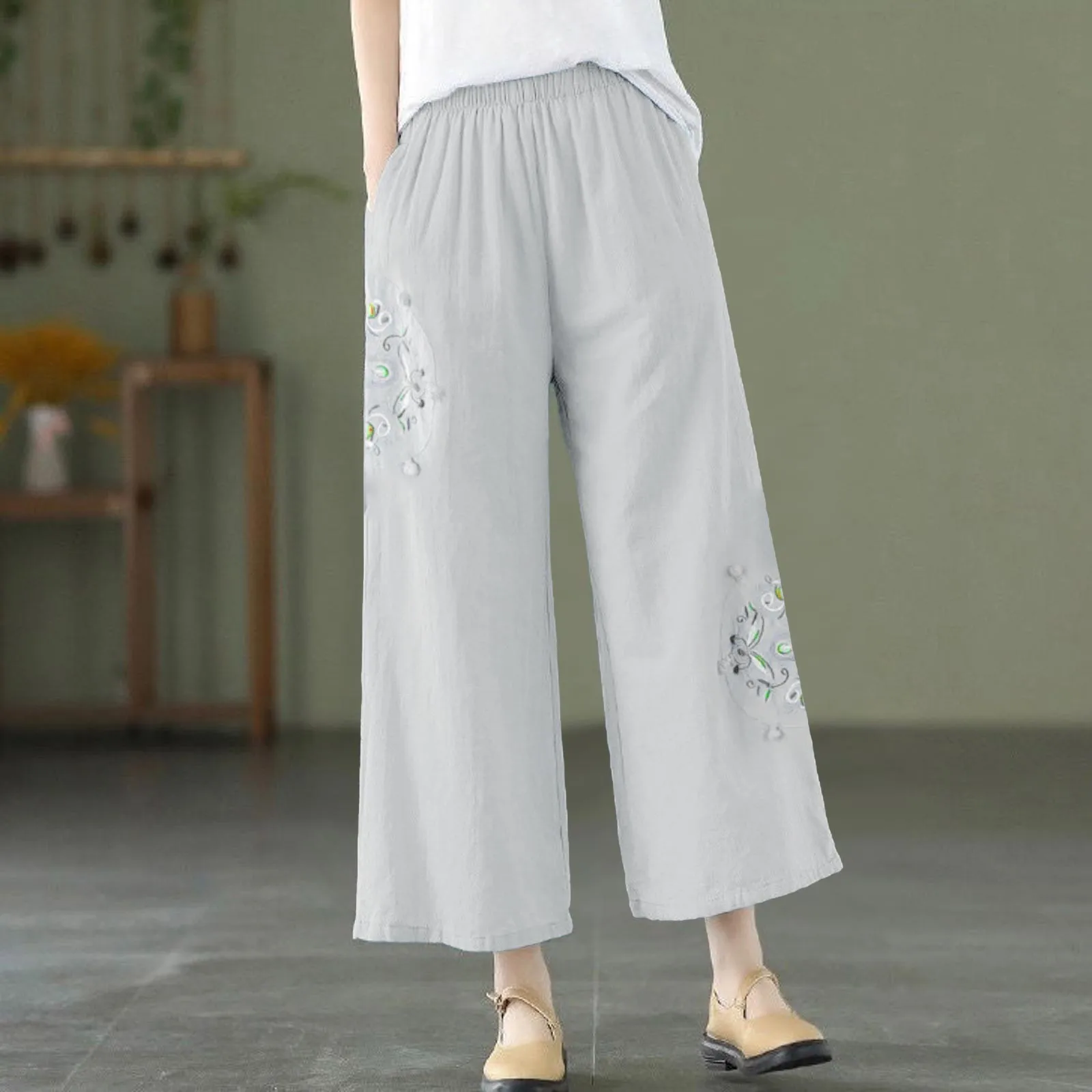 

Cotton Blended Female Trousers 2024 Ladies Casual Straight Pants Flower Embroidery Loose Wide Leg Pants for Women Pantalon Femme