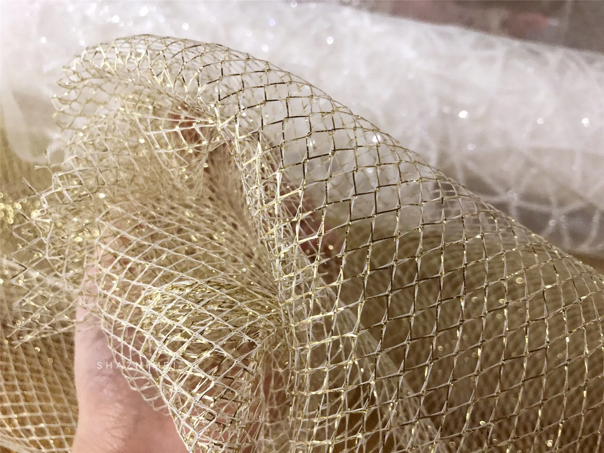 Golden Silver Shape Mesh Organza Designer Fabric Big Eye Gauze Cloth Fabric