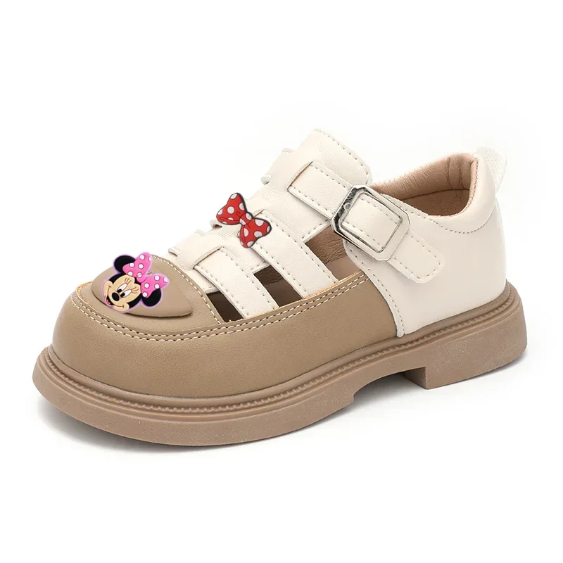 Sandalias romanas de Mickey Mouse de Disney para niñas, zapatos de cuero Baotou, novedad de primavera y verano 2024, sandalias tejidas huecas para niños