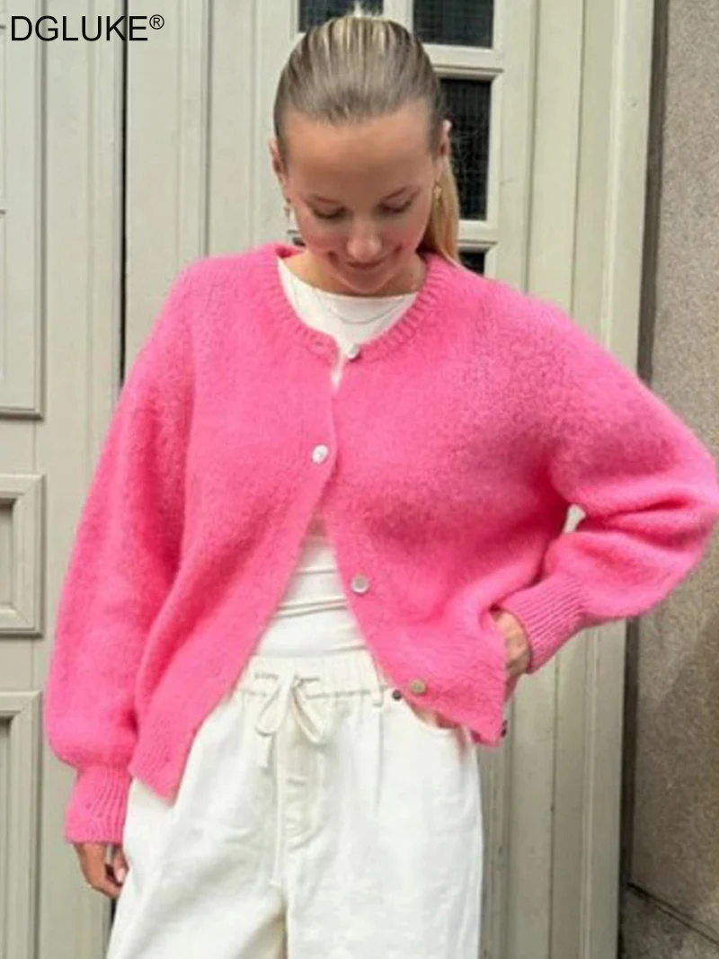 

DGLUKE Spring Autumn Knit Cardigan Women Crewneck Long Sleeve Button Down Cardigan Sweater Jacket