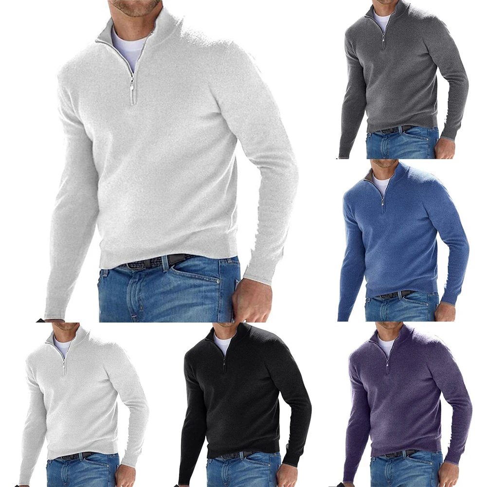 Men Autumn Winter Casual Bottoming V Neck Long Sleeve Knitted Sweater Pullover Half Zip Blouse Fashion