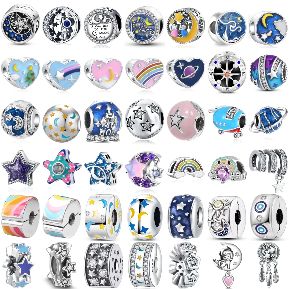Silver Sky Star Moon Beads Charm Universe Planet Rainbow Dreamcatcher Pendant Fit DIY Women Fashion Jewelry Gift