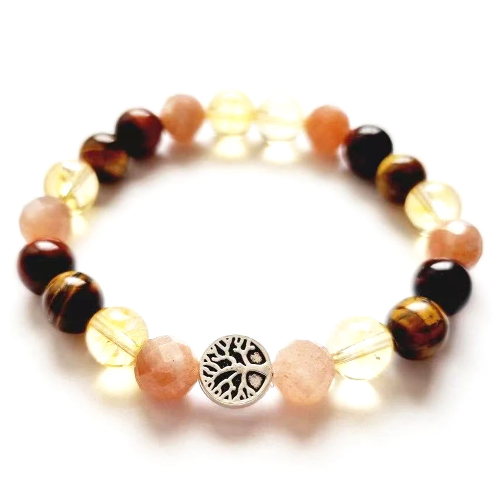 MG2077 New 8 MM Cutted Sunstone Tiger Eye Citrine Bracelet Handmade Tree Of Life Charm Gemstone Mix Wrist Yoga Mala