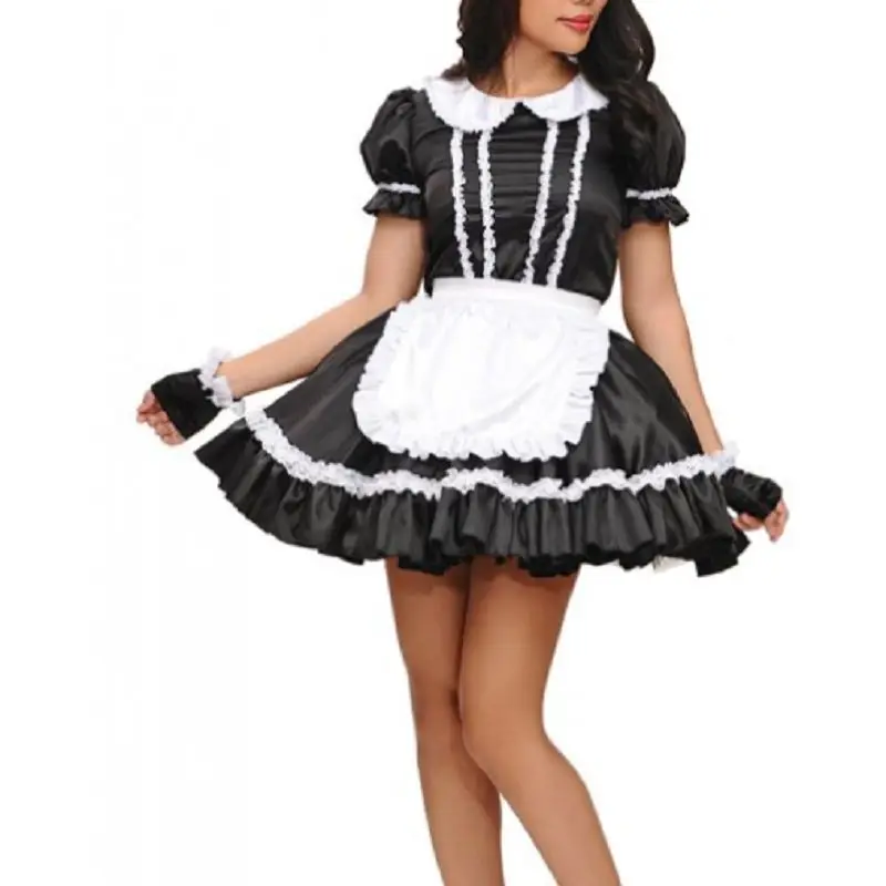 

New Hot Sale Lockable Maid Sissy Dress Doll Collar Cute Black Satin Belt Apron Lace Frill Clothes Customized