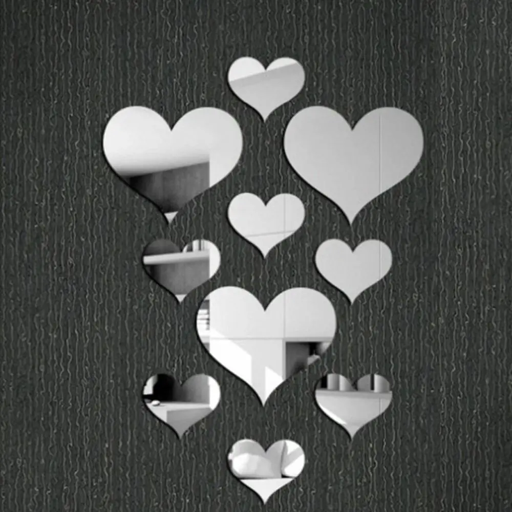 10Pcs/Set Decorative Gold Silver Mirror Wall Sticker Removable 3D Wall Sticker Heart Shape Removable Decal Room Decor