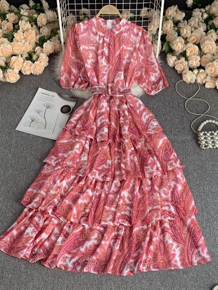 

Summer Chiffon Pleat Print Dress Women Round Neck Short Sleeves High Waist Slim Party Vacation Seaside Dresses Vestidos