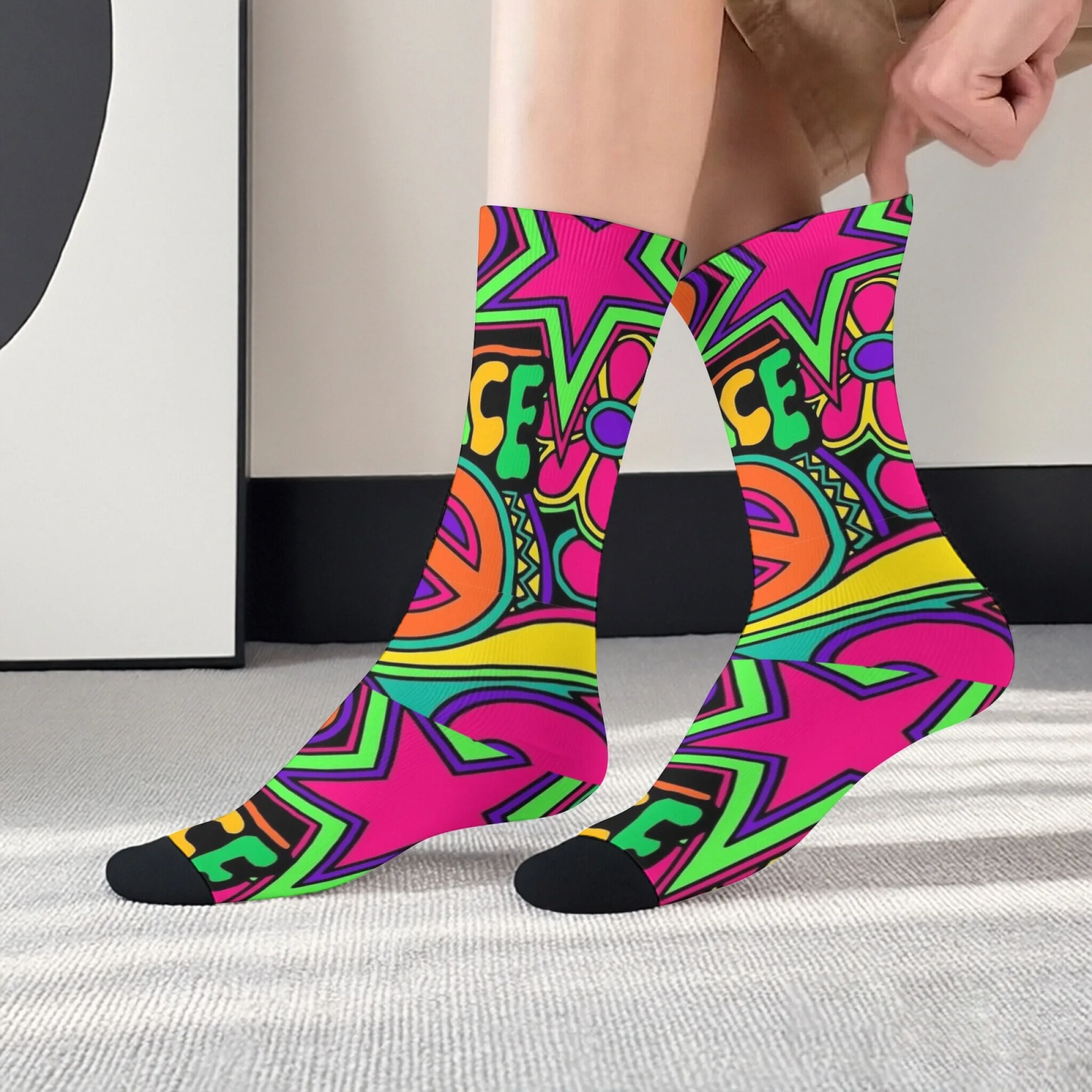 Vintage Hippie Style Peace Star Print Men's Mid-calf Socks Vibrant Colorful Abstract Soft Comfortable and Breathable Socks