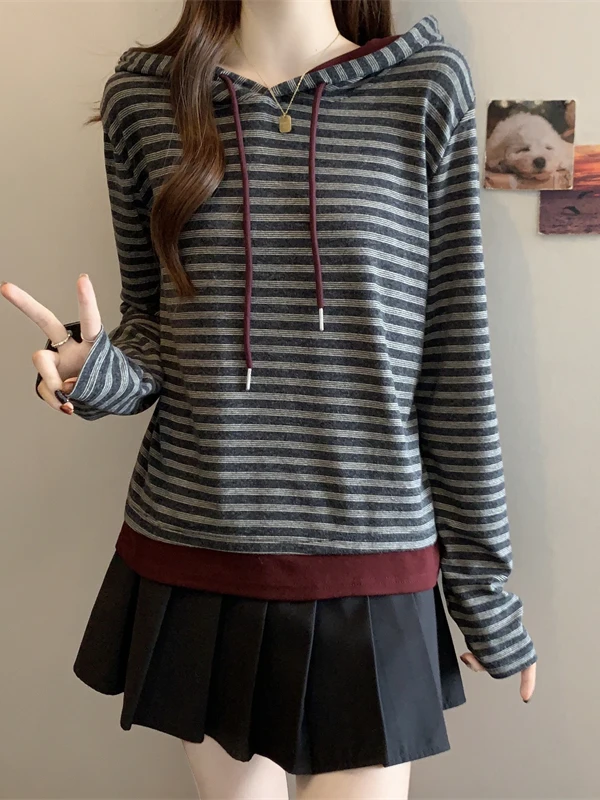 Dstring هوديي طبقة قاعدة مخططة irt المرأة ربيع الخريف جديد حجم كبير التخسيس الكورية Sle شيك ort الأعلى