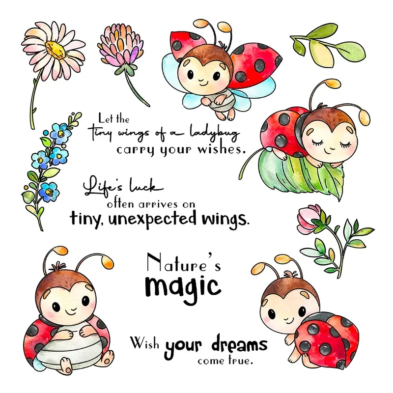 

Cute Flying Ladybugs And Flowers Cutting Dies Clear Stamp DIY Scrapbooking Metal Dies Silicone Stamp For Cards Albums