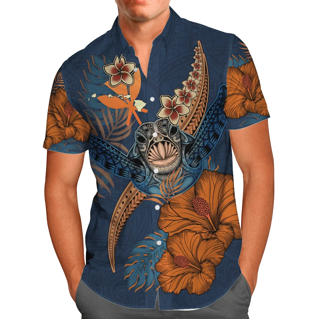 Blusa de manga curta estampada havaiana masculina, camisas havaianas respiráveis, padrão polinésio, lapela vocacional Camisa, praia de verão