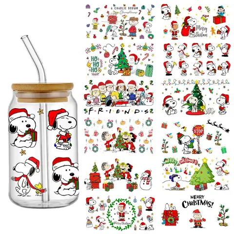 Cartoon Dog Christmas UV DTF Cup Wrap For 16oz Libbey Glass Can Cup Wrap UV DTF DIY Sticker Cartoon Selfadhesive Washable DIY