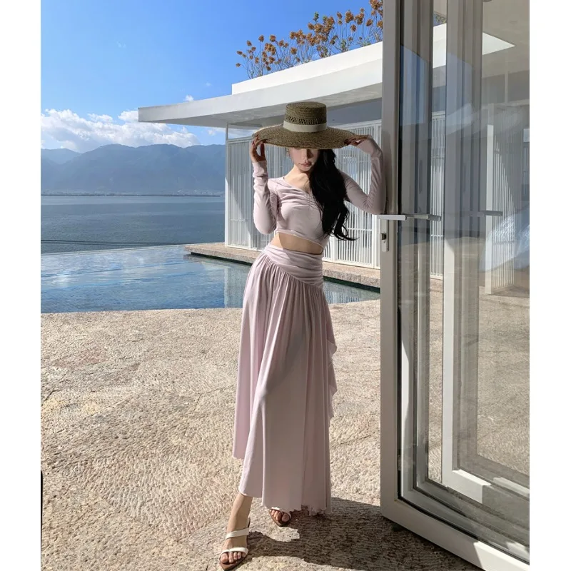 

Vaion Sle Long Sve High Waist A-Line Dr Women's plus Size Knitted Gown with Pleats And Asymmetrical Hemline