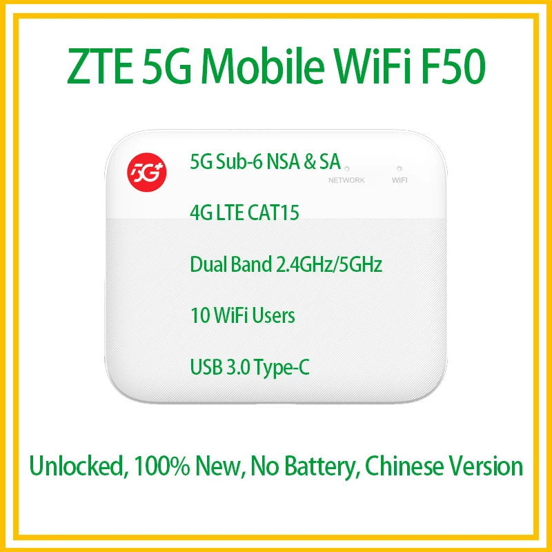 ZTE UFi F50 5G Pocket MiFi 5G Sub-6 SA/NSA N1/5/8/28/41/78 4G Cat15 2.4G/5G Mobile WiFi Router (No battery)