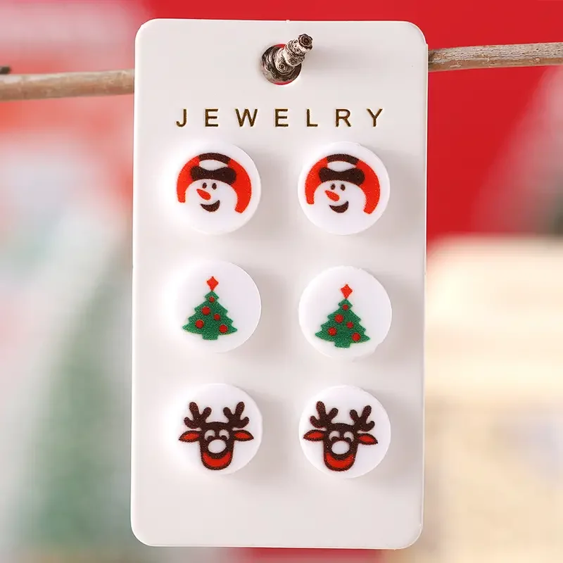 Christmas Earrings Set for Women - 3 Pairs Vintage Cute Acrylic Studs Featuring Snowman, Reindeer & Christmas Tree Designs - Fes