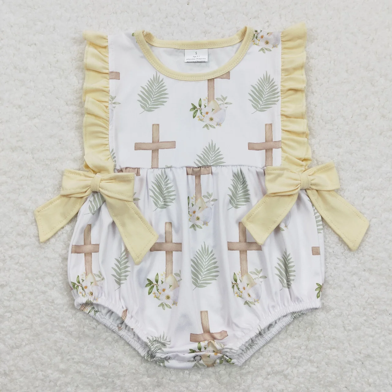 

Wholesale Newborn Baby Girl Easter Romper Toddler Short Sleeves Crosses Floral Eggs Clothes Children Kid Button Ruffle One-piece