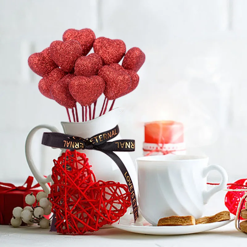 10/20Pcs Red Pink Glitter Foam Hearts Picks Stick For Valentine\'s Day Flower Bouquet Home Vase Picks Wedding Cake Topper Decor