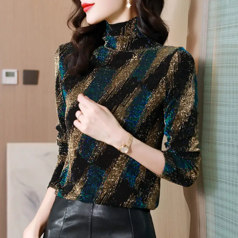 Half High Collar Thick Bottom Women\'s Long Sleeve Autumn Winter Slim T-shirt Fashion All-match Bright Silk Printed Pullover Tops