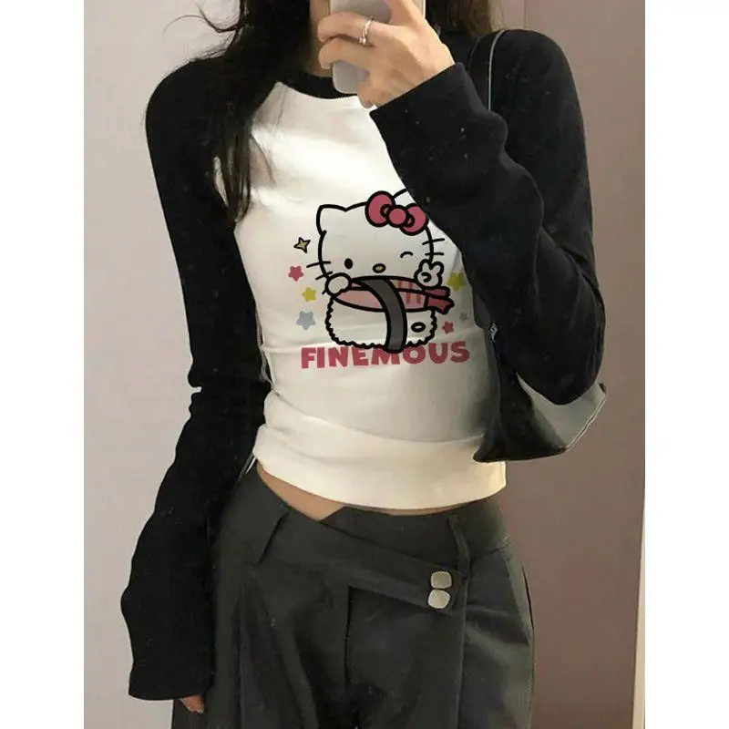 Sanrios Hello Kitty Long Sleeve T-Shirt for Women Cute Cartoon Spring New Printed Women Tees Korean Sexy Slim Tops Trend Clothes