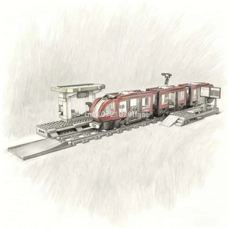 

City series building blocks, assembling model vehicles at tram stations in the city center, difficult toys for boys